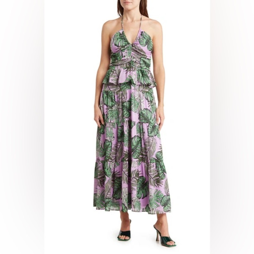 NSR Palm Print Ruffle Midi Dress In Tropical Print